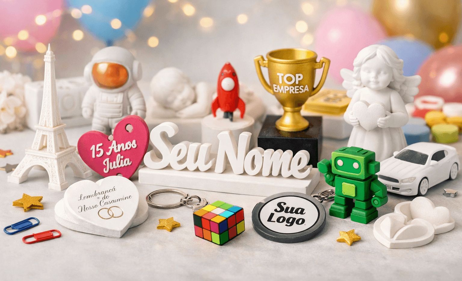 Peças personalizadas em impressão 3D, gesso e papelaria feitas pela Thia Labs